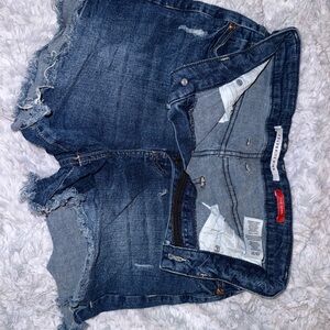 Celebrity Pink Raw Hem Dark Wash Denim Shorts